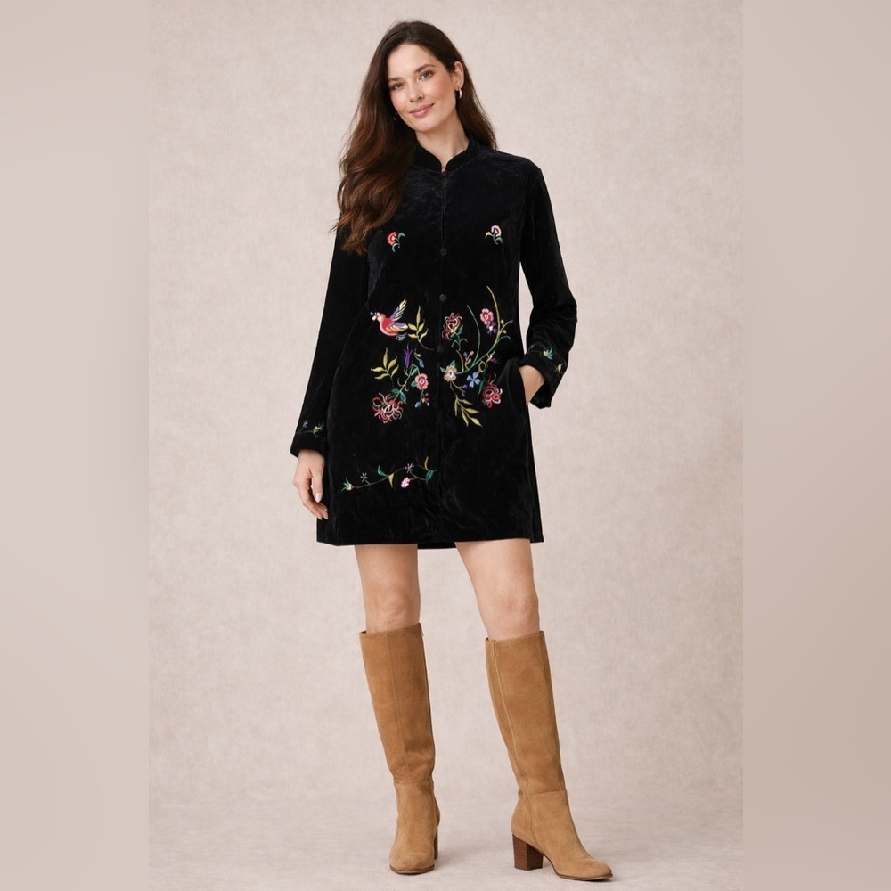 Vintage Floral Embroidered Tunic Velvet Top Bohemian Whimsical Large